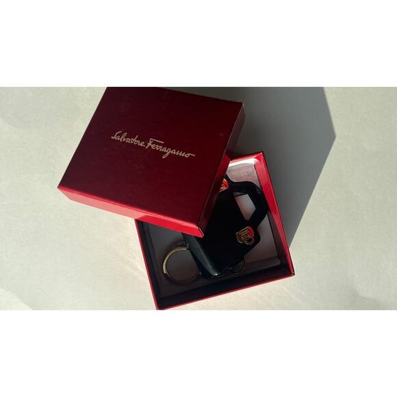 RARE Ferragamo Timeless Chic Black Leather Handbag Charm Gold Keychain NWOT - Picture 9 of 11